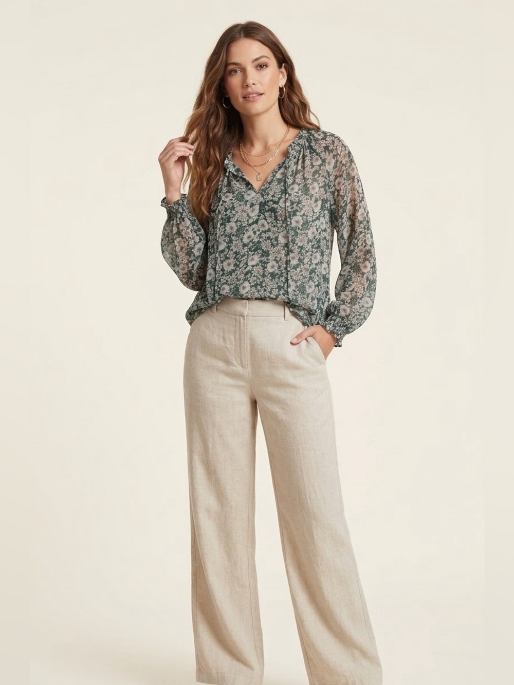 Cabi Floral Sheer V-Neck Long Sleeve Blouse Top Green White Medium